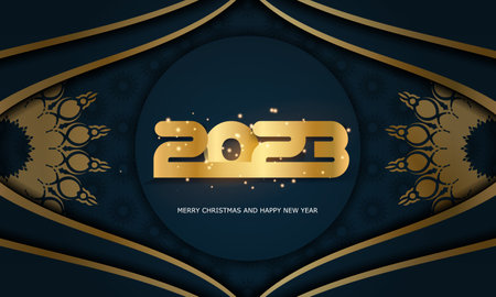 2023 happy new year greeting poster. Blue and gold color.のイラスト素材
