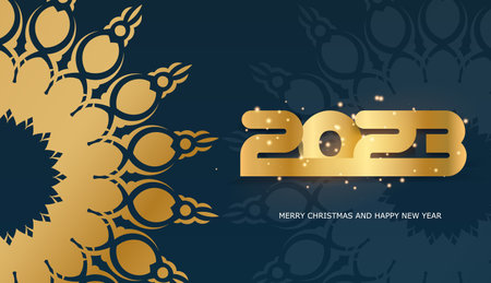 2023 happy new year greeting poster. Blue and gold color.