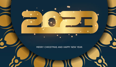 2023 happy new year greeting poster. Blue and gold color.のイラスト素材