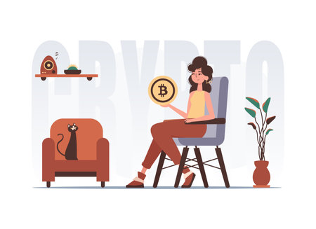 The concept of mining and extraction of bitcoin. A woman sits in a chair and holds a bitcoin in her hands. Character with a modern style.のイラスト素材
