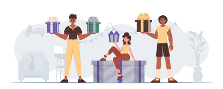 People is holding gift boxes. Modern flat colorful vector illustration.のイラスト素材