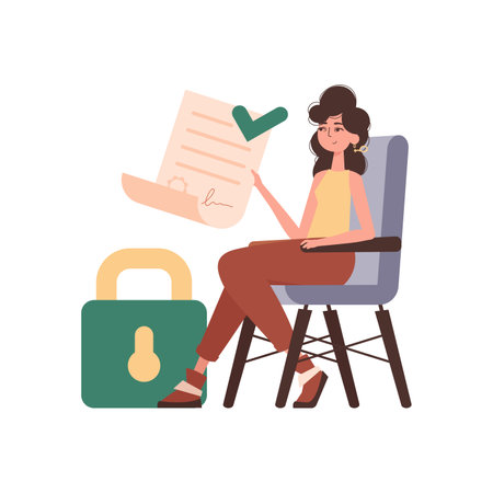 The girl sits in a chair and holds a document in her hands. data protection. smart contracts. trend style character.のイラスト素材
