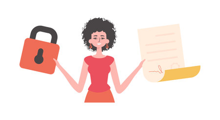 The woman is holding a document. smart contracts. data protection. Modern trendy style.のイラスト素材