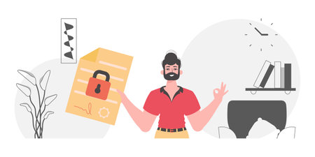 data protection concept. smart contracts. A man is holding a contract or document.のイラスト素材