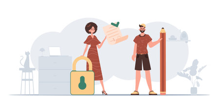 A man and a woman sign a contract. The concept of signing a smart contract. data protection.のイラスト素材