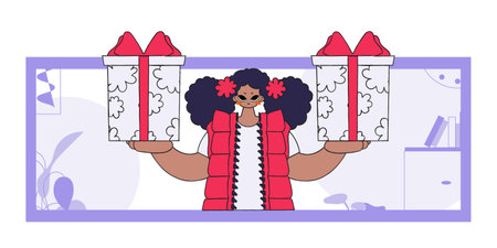 The concept of the holiday and gifts. The woman is holding gifts. Bright character in the style of the 90s.のイラスト素材