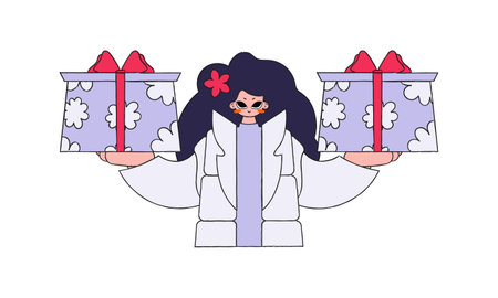 A woman is holding gift boxes. The concept of the holiday and gifts. Bright character in the style of the 80s and 90s.のイラスト素材