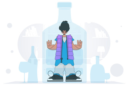 The concept of treatment for alcohol addiction. The guy is a hostage inside the bottle.のイラスト素材