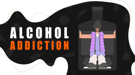 Banner Treatment for alcohol addiction. A man is a hostage inside a bottle.のイラスト素材