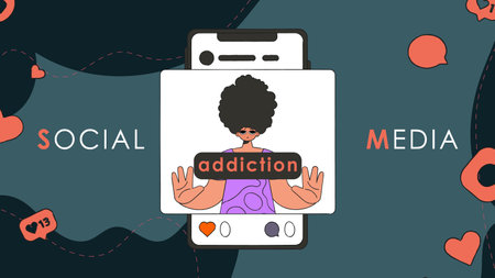 Banner Addiction to social networks. The guy is upset because of the lack of likes and comments.のイラスト素材