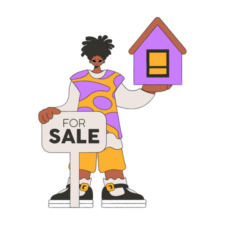 Male real estate agent holding a house in his hands. Selling and owning a house.のイラスト素材