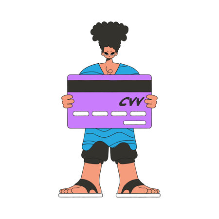 The guy holds a bank card in his hands. trendy bright style.のイラスト素材