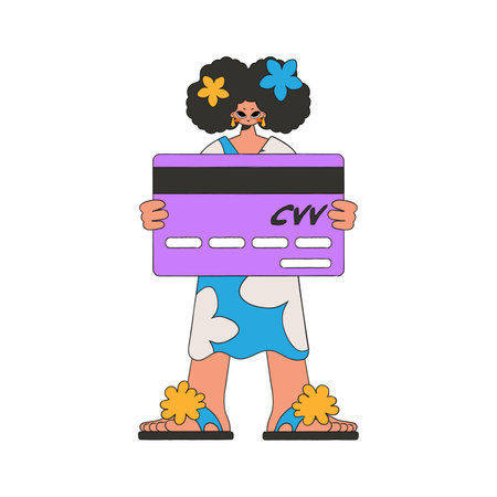 The girl holds a bank card in her hands. Attractive bright style.のイラスト素材