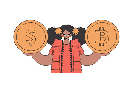 A woman holds a dollar and a bitcoin in her hands. Character trendy retro style.のイラスト素材