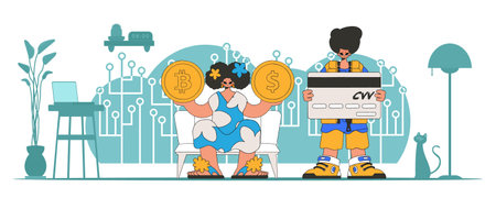 Cryptocurrency and fiat exchange management theme. a group of people interact with bitcoin.のイラスト素材