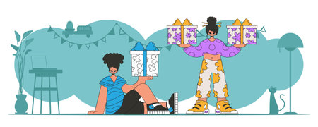 boy and girl. holds a gift box in his hand. Modern retro style. holiday gift theme.のイラスト素材