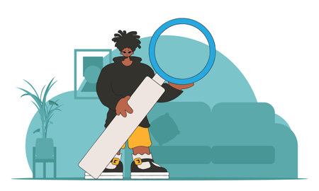 The concept of searching for information. The guy is holding a magnifying glass in his hands. retro style character.のイラスト素材
