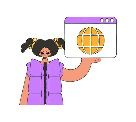 A bright and stylish illustration of a woman holding a browser window in her hands. Material for educational content.のイラスト素材