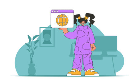 A bright and stylish illustration of a girl using a web browser. Material for educational content. Perfect for adding a modern and tech touch to your project.のイラスト素材