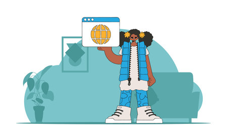 A bright and stylish illustration of a girl holding a browser window in her hands. marketing materials. Perfect for adding a modern and tech touch to your project.のイラスト素材