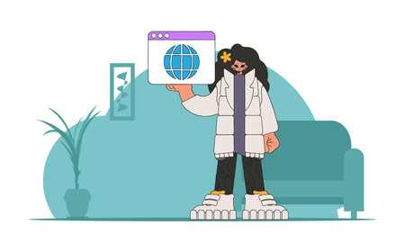 A bright and stylish illustration of a girl holding a browser window in her hands. Material for educational content. Perfect for adding a modern and tech touch to your project.のイラスト素材