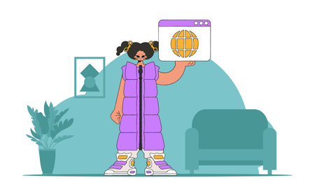 A bright and stylish illustration of a girl holding a browser window in her hands. modern character style. Perfect for adding a modern and tech touch to your project.のイラスト素材