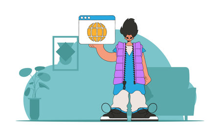 A bright and stylish illustration of a man holding a browser window in his hands. modern character style. Perfect for adding a modern and tech touch to your project.のイラスト素材