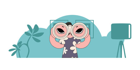 Good job postings and flyers. A young woman holds in her hands and looks through binoculars.のイラスト素材