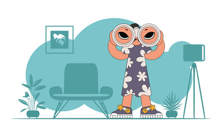 Company search for first-class employees. Attractive woman holds in her hands and looks through binoculars.のイラスト素材