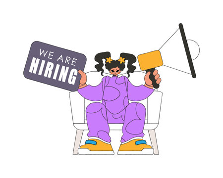 Attractive woman sits in a chair and holds a megaphone in her hand. Good for job search topics.のイラスト素材