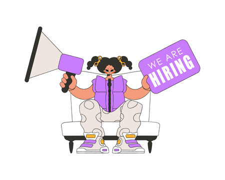 A young girl sits in a chair and holds a megaphone in her hand. Good for job search topics.のイラスト素材