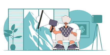 Vector illustration of a human resources specialist. A young man sits in a chair and holds a megaphone.のイラスト素材