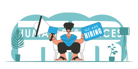 Vector illustration of a representative of the department personnel. A young guy sits in a chair and holds a megaphone.のイラスト素材