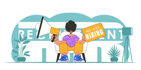 Vector illustration of a representative of the department personnel. A young guy sits in a chair and holds a megaphone in his hand.のイラスト素材