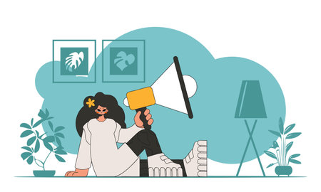 Vector illustration of a human resources specialist. A young woman sits on the floor and holds a megaphone in her hand.のイラスト素材