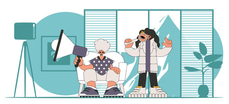 Stylized vector illustration of HR representative team. Stylish girl sits in a chair and holds a megaphone in her hand.のイラスト素材