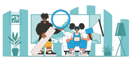 Vector illustration of HR representative team. A young girl sits in a chair and holds a megaphone in her hand.のイラスト素材