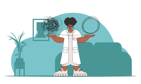 Topic Help Man with mental problems. The psychologist unpacks a tangle of thoughts.のイラスト素材