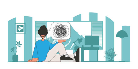 A person consumed by a sense of hopelessness and despair. The man shows that his thoughts are confused.のイラスト素材