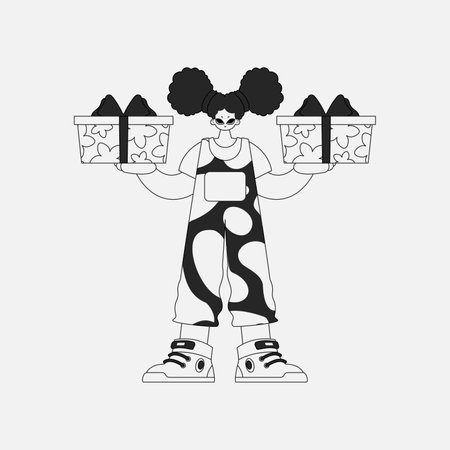 Inspirational woman holding a gift in her hands. Black and white style.のイラスト素材