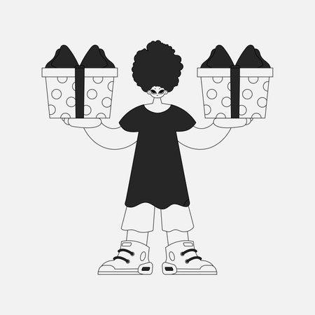 A unique man is holding a gift box. Newspaper style character.のイラスト素材