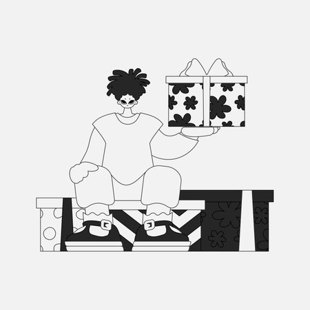 An attractive man is holding a gift box. Black and white style.のイラスト素材