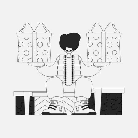 An attractive man is holding a gift box. Newspaper style character.のイラスト素材