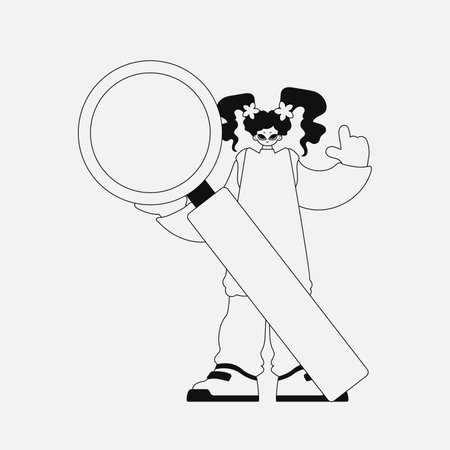 A stunning woman holds a magnifying glass, a magnifier in her hands. Newspaper black and white style.のイラスト素材