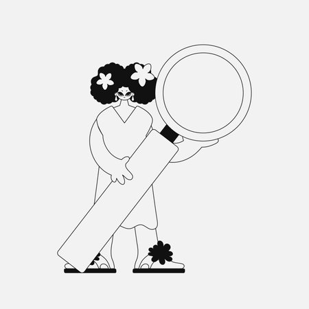 A unique woman holds in her hands a magnifying glass, a loupe. Newspaper black and white style.のイラスト素材