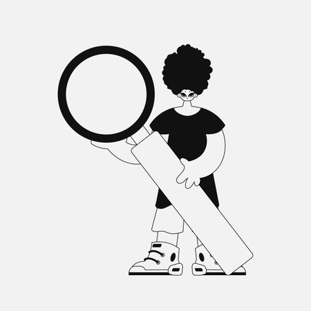 A stunning man is holding a magnifying glass, a loupe. Newspaper black and white style.のイラスト素材