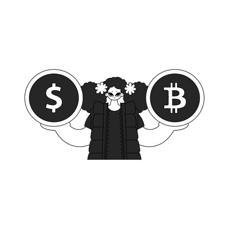 Inspirational woman holding bitcoin and dollar coin. Newspaper black and white style.のイラスト素材