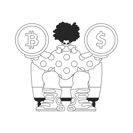 Inspirational man holding bitcoin and dollar coin. Newspaper black and white style.のイラスト素材