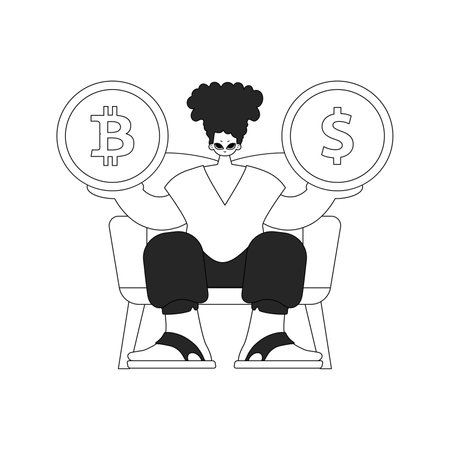 Inspirational man holding bitcoin and dollar coin. Linear newspaper black and white style.のイラスト素材
