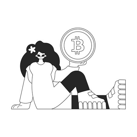 Charming woman holds a bitcoin coin in her hands. Linear black and white style.のイラスト素材